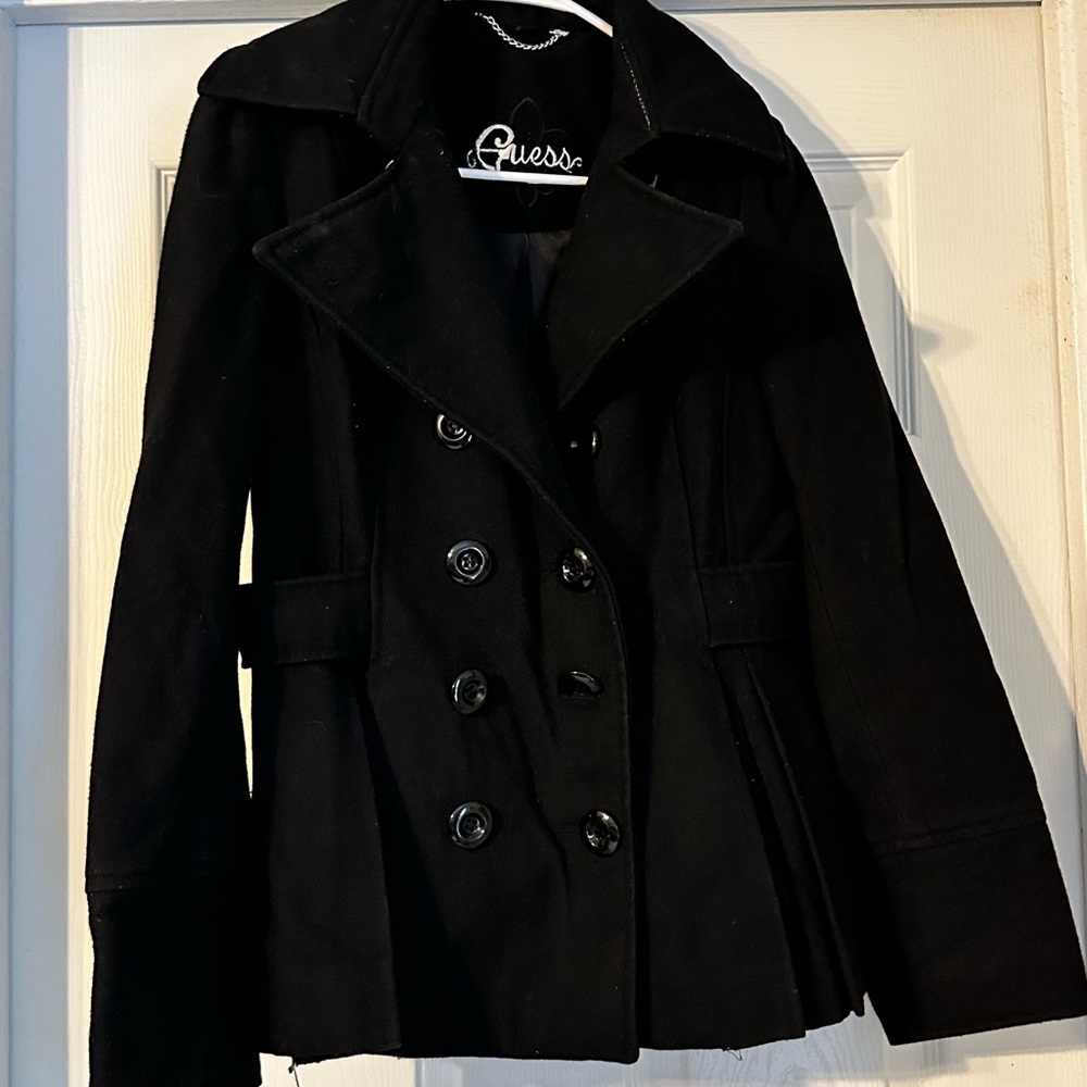 Guess Black Double-Breasted Pea Coat with Wide Collar